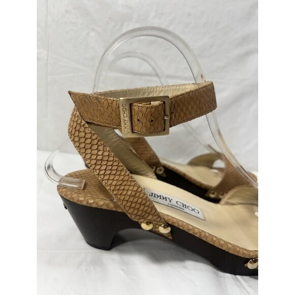 Authentic JIMMY CHOO Leather Snake Embossed Tan and Brown Wood heel size 37 - Picture 14 of 15